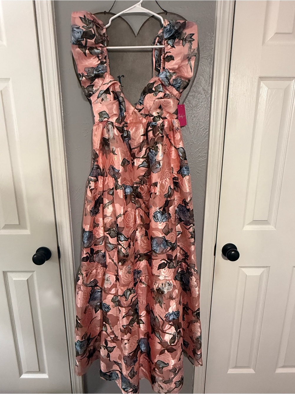 Buddy Love Pink Floral Midi Dress with Blue Rose Print